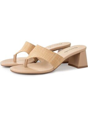Women's Nude Raffia Summer Comfortable Casual  Square Open Toe Thong Low Heels